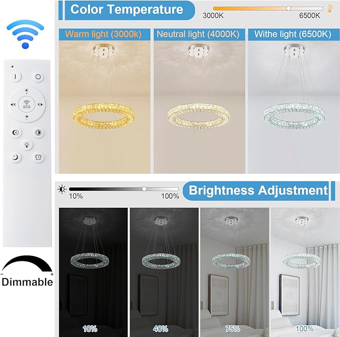 22" Chandelier Crystal Chandeliers Ceiling Light Fixture with Remote Control Flush Mount Ceiling Lights for Living Room Dining Room Bedroom(dimmable)