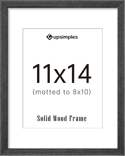 upsimples 11x14 Picture Frame, Natural Solid Wooden Picture Frames, Display 8x10 with Mat or 11 x 14 Without, Vertical or Horizontal Wall Hanging, 1 Pack, Black
