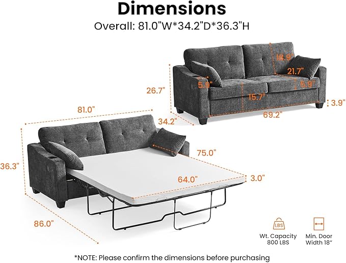 Pull Out Sofa Bed, Full Size Sleeper Sofa, 2-in-1 Convertible Corduroy Couch with USB Charging, Memory Form Couch for Living Room, Apartment and Small Space (Dark Grey, Chenille - Queen Size)