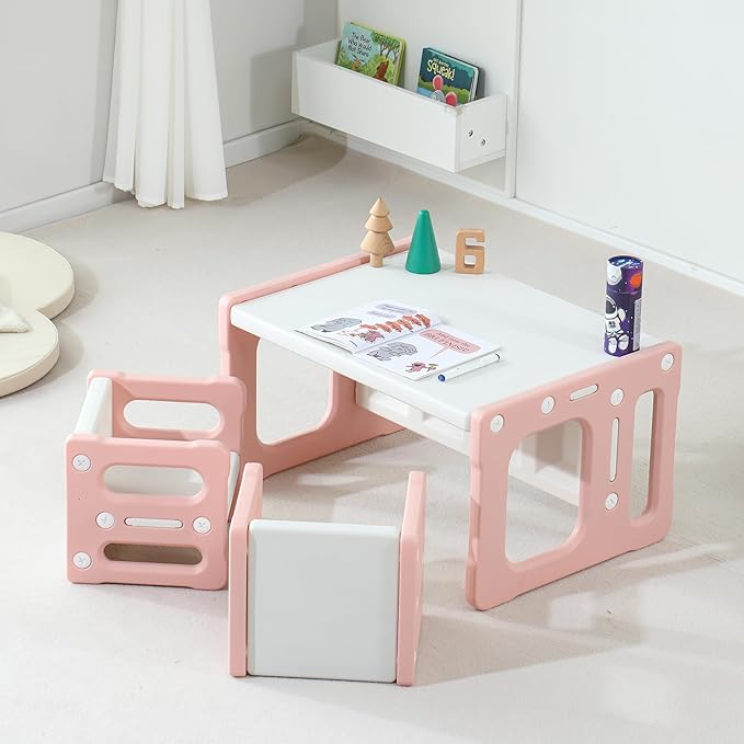 3 in 1 Montessori Weaning Table and 2 Chairs Set, Kids Desk and Chair Set, 2 Height Levels, Toddlers Activity Table for Drawing, Dining, Reading and Playing, Pink