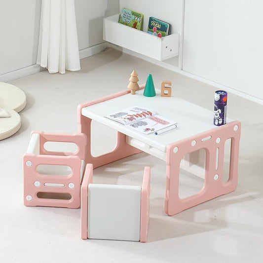 3 in 1 Montessori Weaning Table and 2 Chairs Set, Kids Desk and Chair Set, 2 Height Levels, Toddlers Activity Table for Drawing, Dining, Reading and Playing, Pink