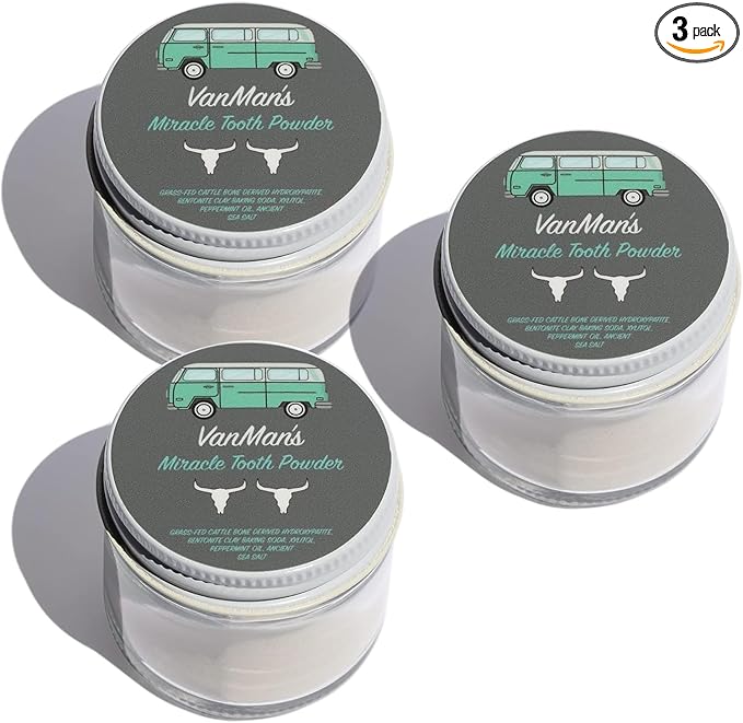 Vanman’s - Mint and Bone Tooth Powder Toothpaste (3 Pack) - Remineralizing Tooth Powder with Cattle Bone Derived Hydroxyapatite, Bentonite Clay, Peppermint Oil and Baking Soda - 2.2 oz