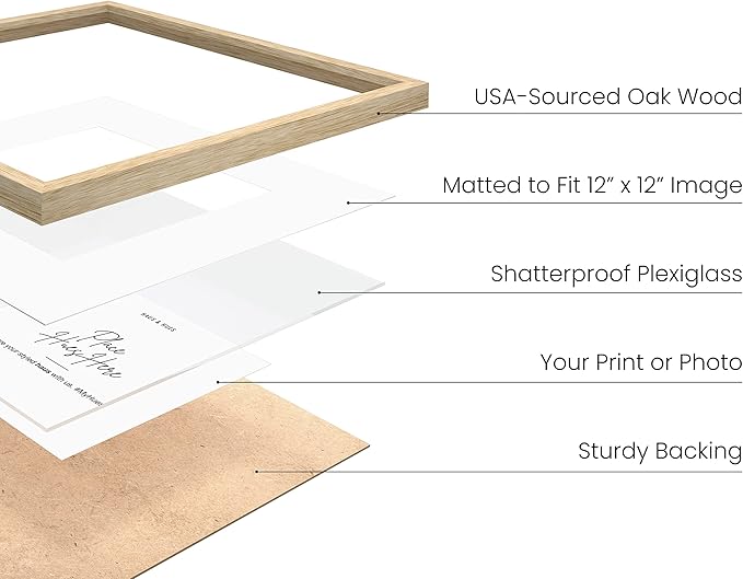 HAUS AND HUES Solid Oak Wood 16”x16” Picture Frames Matted to 12”x12” Set of 4-16x16 Frames for Wall, Square Frames with Mat, Beige Square Matted Picture Frames 16x16 (Beige Oak Frames)