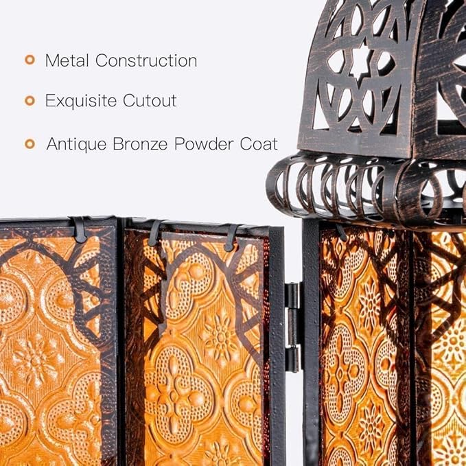 NEEDOMO Set of 2 Moroccan Lanterns Decorative Indoor & Outdoor, Hanging Candle Lantern, 11'' Vintage Candle Holder, Metal Lanterns Decorative, Table, Patio, Porch, Shelf, Gothic Home Decor (Amber)
