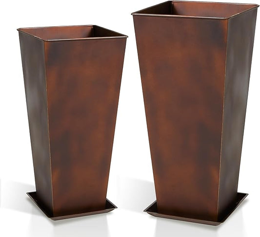 WORTH Garden Large Metal Planter Set of 2 (25" & 28" H.), Matte Bronze Retro Finish Tall Square Tapered Steel Plant Pots, Decor Flower Pot Indoor & Outdoor, Drainage Hole & Dual-Purpose Plant Saucer