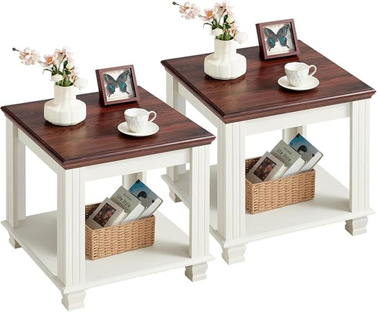 Farmhouse End Table Set of 2,Large Side Table with 2-Tier Storage Shelf,Rustic Wood End Tables for Living Room,Square Tea Table,White
