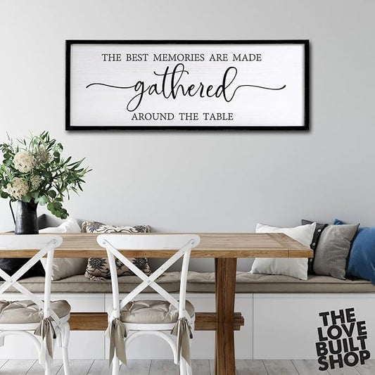 The Best Memories are Made Gathered Around The Table Sign Framed Wall Art, 32''×12'' Rustic Horizontal Plaque with Black Frame for Dinning Living Room, Farmhouse Long Home Family Wood Sign Wall Decor