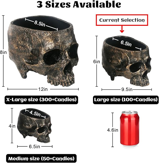 GameXcel Halloween Skull Candy Dish - Large Skull Candy Bowl for Trick or Treat - Skeleton Head Treat Container Planter or Desktop Halloween Decor - Bronze Resin