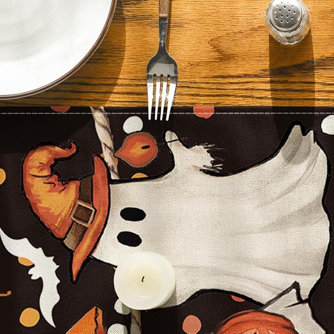Artoid Mode Ghost Jack-O'-Lantern Black Cat Halloween Table Runner,Holiday Kitchen Dining Table Decoration for Home Party Decor 13 x 72 Inch