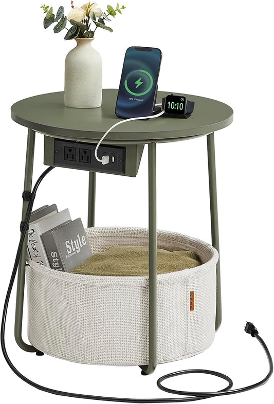 VASAGLE Side Table with Charging Station, Round End Table with Fabric Basket, Nightstand with Power Outlets, USB Ports, for Living Room, Bedroom, Modern, Forest Green and Cream White ULET228C04