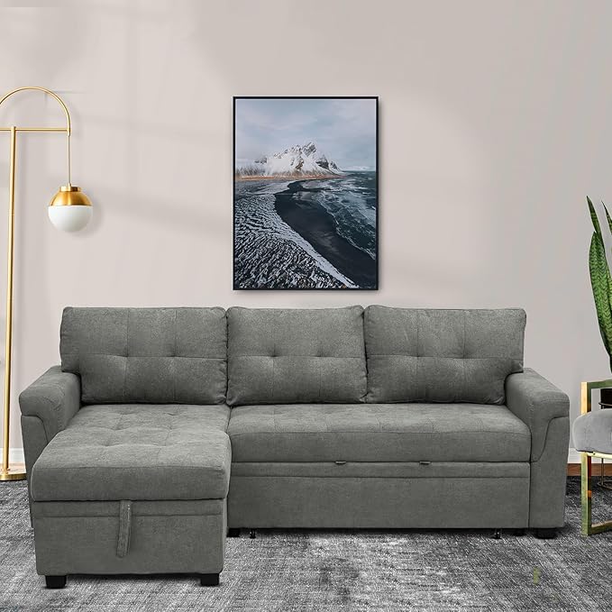Naomi Home L-Shaped Reversible Sectional Sofa with Pull-Out Sleeper Bed and Storage Chaise, Gray Velvet
