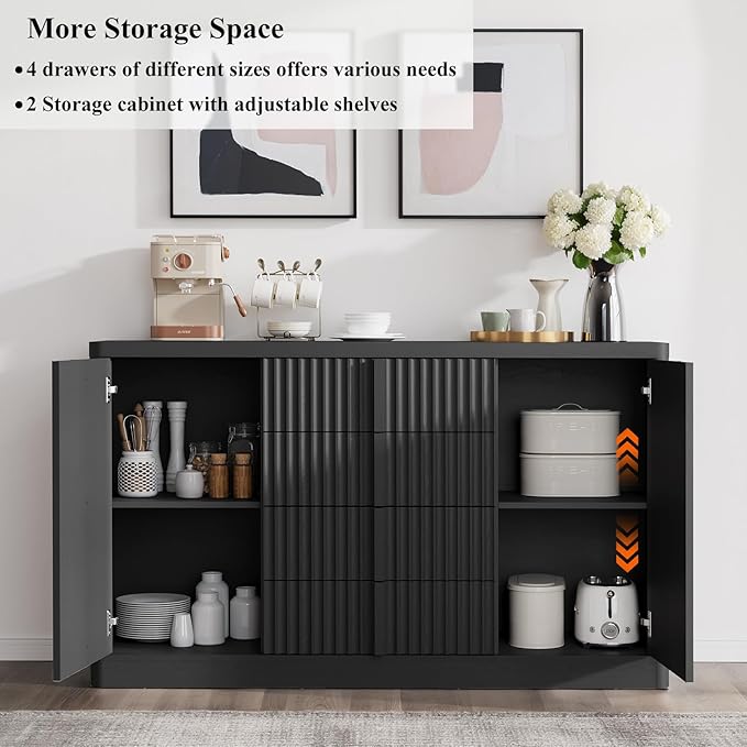 Buffet Cabinet with Storage, 120" Fluted Coffee Bar with 8 Drawers & 4 Doors, Modern Sideboard Buffet with Solid Wood Handle, Credenza Storage Cabinet for Living Room Kitchen Dining Room, Black(2PCS)