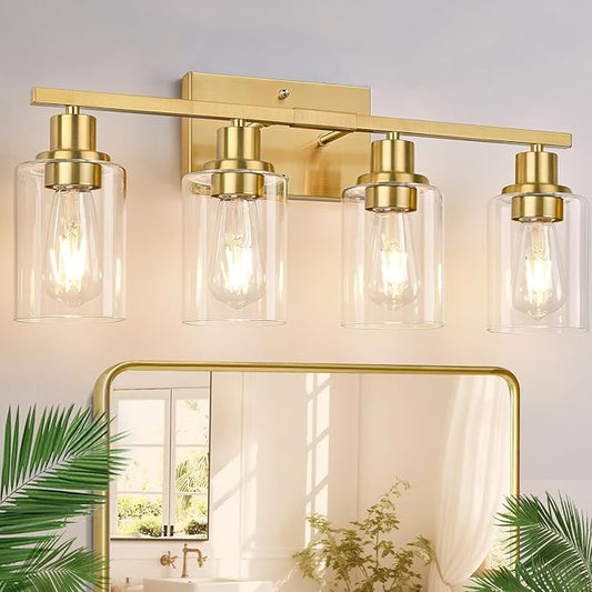 4-Light Vanity Lights with Clear Glass Shades, Brushed Gold Bathroom Light Fixtures Over Mirror, Modern Bathroom Wall Lamp for Mirror Living Room Cabinet Bedroom Porch