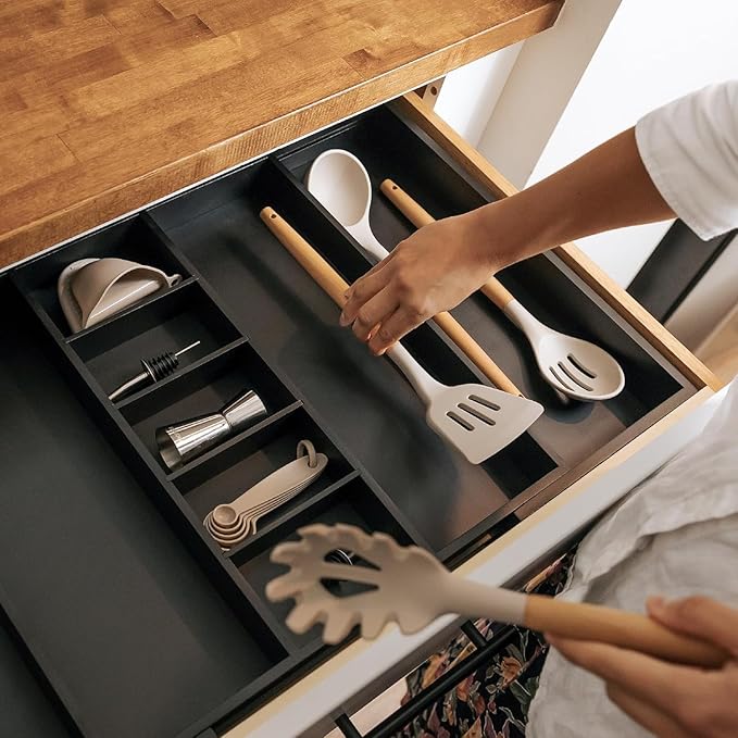 Adjustable Kitchen Drawer Organizer for Utensils and Junk, Food-Safe Contract Grade with 100% Sustainable Wood, Expandable from 19 to 33 Inches Wide - Black Bamboo
