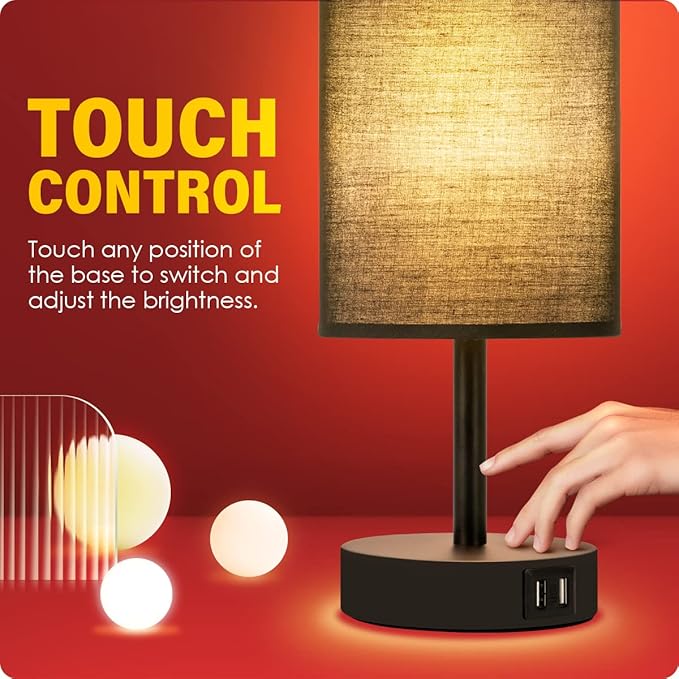 Yarra-Decor Bedside Lamp with USB Port - Touch Control Table Lamp for Bedroom 3 Way Dimmable Nightstand Lamp with Round Black Fabric Shade for Living Room, Dorm, Home Office (LED Bulb Included)