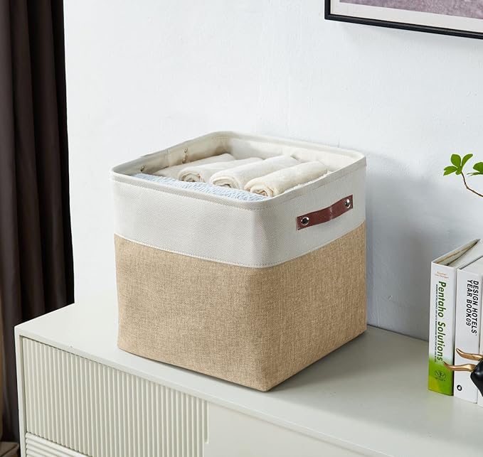 DECOMOMO Storage Cubes, 12x12 Storage Bins, Baskets for Shelves (Beige & White, Cube 12" - 4 Pack)