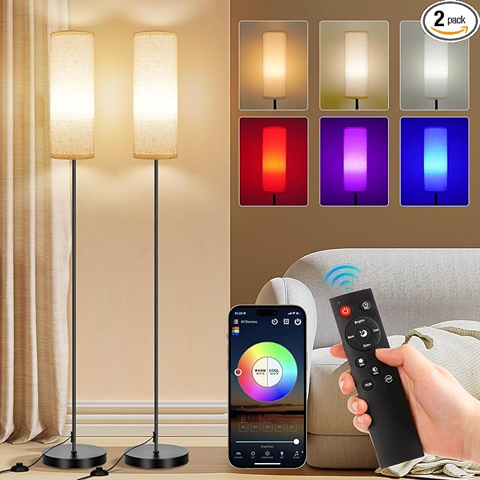 FRIDEKO HOME 2 Pack Floor Lamps for Living Room, Dimmable Colors Temperature & Brightness, Modern Floor Lamp with Remote, Tall Standing Lamps for Living Room Bedroom Office, Beige Shade 9W RGB Bulb