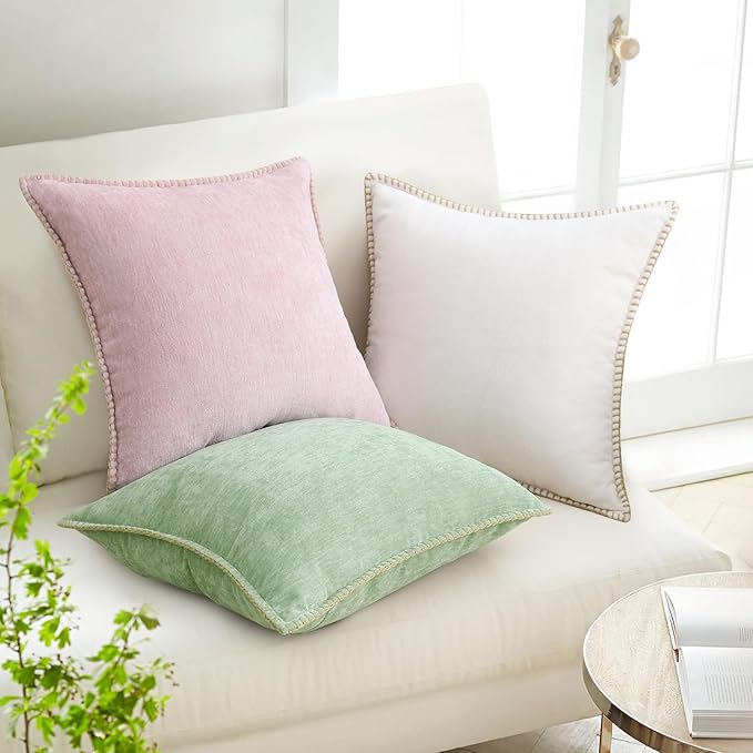 decorUhome Chenille Soft Throw Pillow Covers 12x20 Set of 2, Lumbar Velvet Farmhouse Neutral Decorative Euro Pillow Covers with Stitched Edge for Couch Sofa Bed Home Decor, Cream White