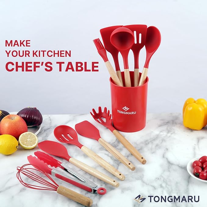 Silicone Cooking Utensils Set, Premium Beech Wood Handle Kitchen Gadgets Utensil Set, Non-Stick Kitchen Utensils Spatula, Tongs, Turner, Whisk, Brush, Spoon, BPA FREE, 446°F Resistant (Red)
