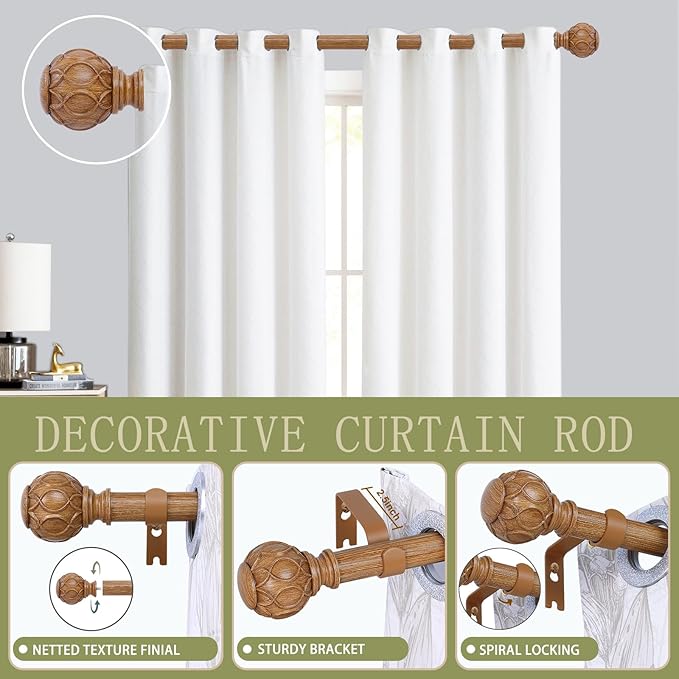 Wood Boho Curtain Rods for Windows:18-60Inch Wooden Farmhouse Curtain Rod for Bedroom Living Room,Heavy Duty Adjustable Rustic Decorative Drapery Rods with Vintage Imitation Wood Finial,Brown