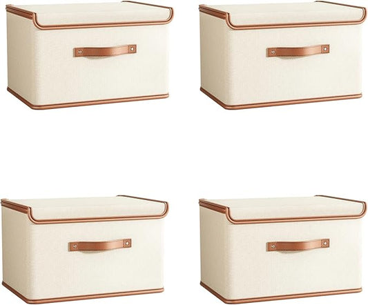Tuza 4 Pack Storage Bins with Lids, Collapsible Closet Organizer Container, Fabric Organizer Box with Handles, Decorative Storage Boxes with Lids for Organizing Clothes, Blanket, White, Extra Large