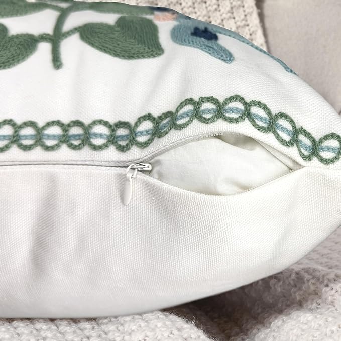 Alysheer Floral Embroidered Summer Decorative Throw Pillow Covers 20"x 20" Set of 2, Farmhouse Cottage Navy Blue Green Flowers Leaves Knit Pattern Cotton Canvas Cushion Case for Couch Bed Living Room