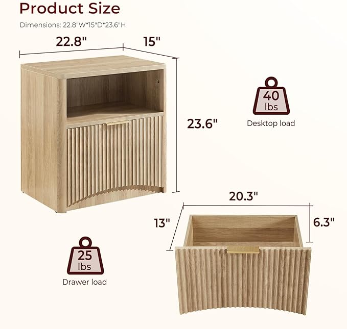 Fluted Nightstand, Natural Oak Bedside Table with Drawer and Storage, Wood End Table Mid Century Modern, Large Night Stand for Bedroom