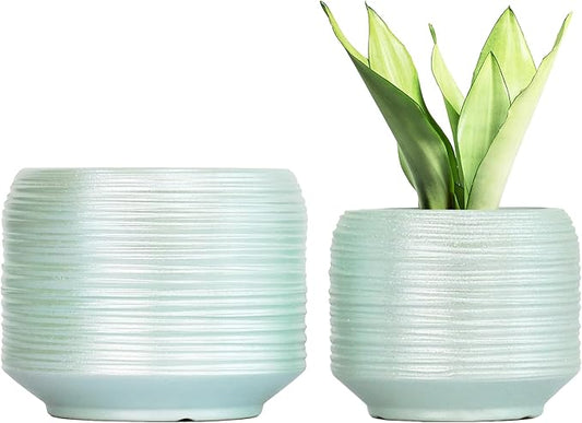 8 Inch + 6 Inch Ceramic Plant Pots Indoor with Drainage – Flower Pot Set, Decorative Indoor Planters for House Plants and Garden Use