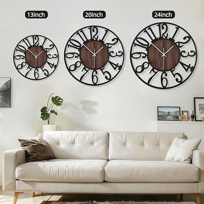 Maxstar Large Round Wall Clock for Living Room Decor Battery Operated Non Ticking Black Metal Wood Clocks for Home Living Room Garden Farmhouse Office Kitchen Decoration -24 inch