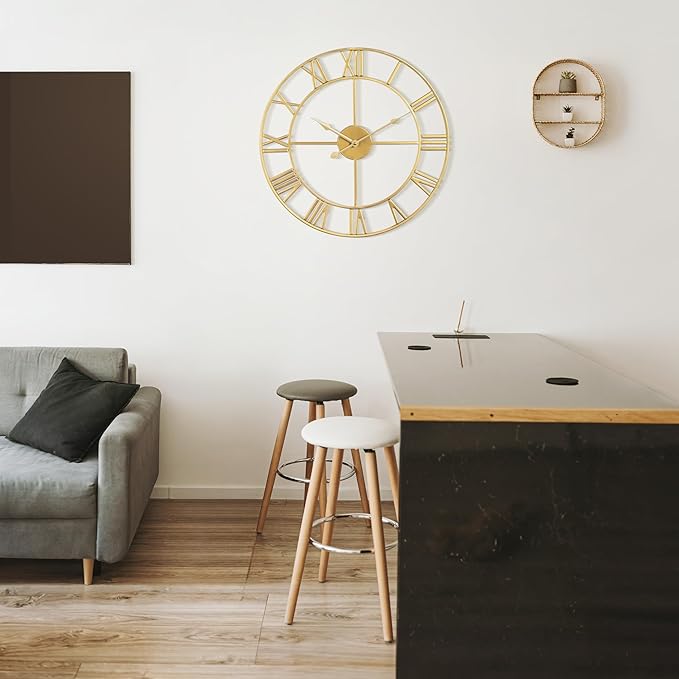 Large Wall Clock for Living Room Decor - 47cm/ 18 Inches Silent Non-Ticking Metal Wall Clocks Battery Operated, Vintage Decorative Modern Wall Clock for Bedroom, Office, Farmhouse Decor