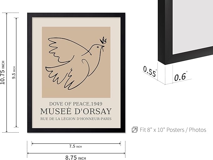 Poster Master Vintage Poster - Retro Minimalist Print - Gift for Artist, Friend - Dove Of Peace, Line Drawing, Sketch, Abstract - Wall Decor for Living Room, Bedroom, 8x10 Black Framed