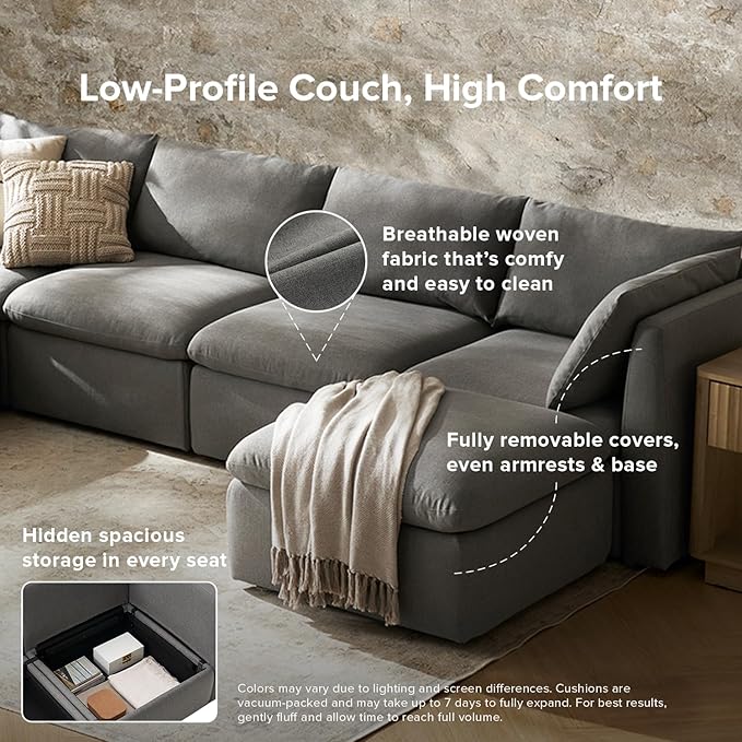 mopio Oversized Modular Sectional Sofa with Fully Removable Covers and Storage, Convertible U, L-Shaped and Sleeper Sectional, Modern Couches with Ottoman Chaise (Stone Gray Fabric, 6 Seats, Sleeper)