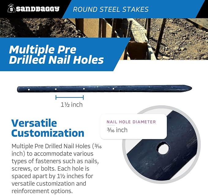 Sandbaggy Round Steel Concrete Form Stakes with Nail Holes - Rust Resistant Coating - Removable, Reusable (1000, 3/4 in X 18 in)
