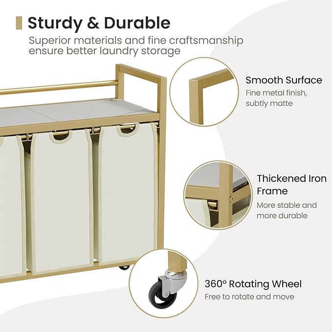 Laundry Hamper, Laundry Basket, Laundry Sorter with 3 Removable Bags, Clothes Basket with 3 Compartments, Wheels, Shelf for Laundry Room Bathroom Bedroom (3 Bags-Golden)
