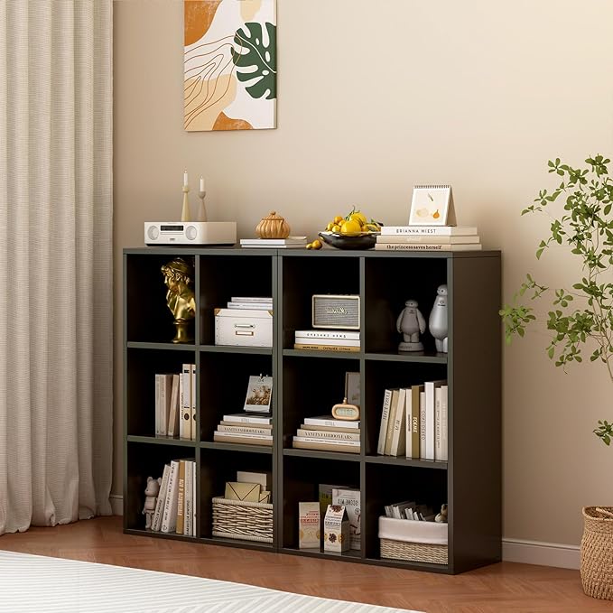 6-Cube Storage Shelf Bookcase - Wooden 3-Tier Floor Standing Open Bookshelf for Home and Office, Display Cabinet, Black