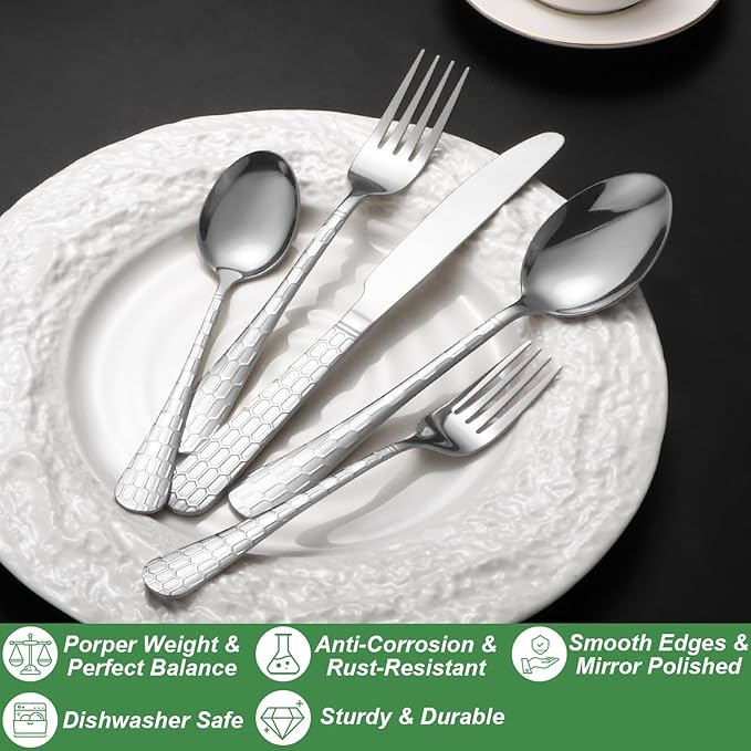 40 Pcs Silverware Set for 8 with Water Cube Handle design, Food Grade Stainless Steel Flatware Set, Eating Utensils Sets Include Fork/Knife/Spoon, Reusable Cutlery Set, Dishwasher Safe