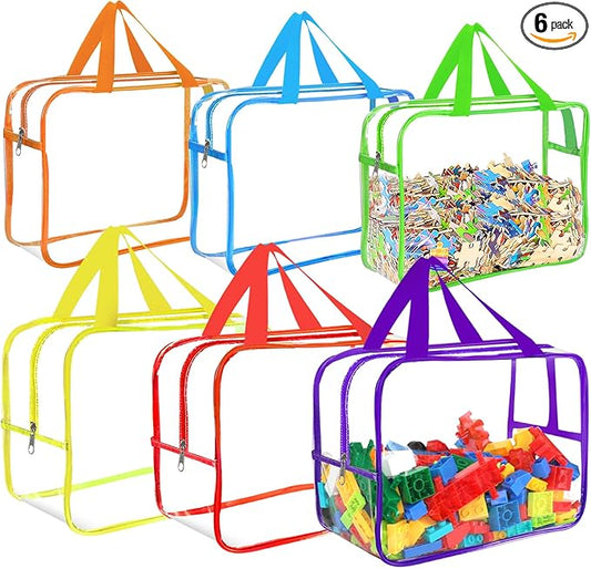 6 Colors Large Toy Storage Bags with Labels, Reusable Clear PVC Board Game Storage, Travel Waterproof Organizer Bags with Zipper for Building Blocks, Puzzle, Kids Books(3 large & 3 Widen X-Large)