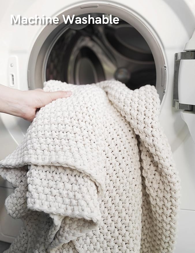 YnM Chunky Cotton Knit Throw Blanket, Cable Knit Throws for Bed Couch Sofa, Comfy & Relaxing, Decorative Piece for Farmhouse Modern Boho Rustic Scandinavian Chic Vibe, Beige 50x60 Inches