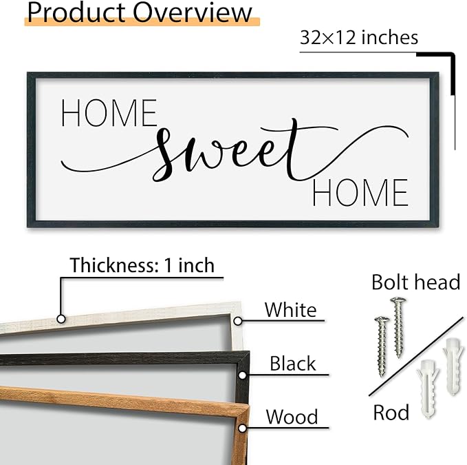 SRSZHIYUE Home Sweet Home Sign 32"x12" for Farmhouse Rustic Large Family Living Room Over Couch Modern Horizontal Wall Decor, Wood Framed Plaques Art Decorative (Black)