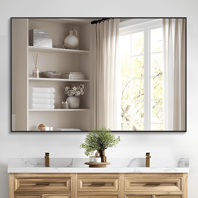 Black Bathroom Mirror for Wall, 30x48 Inch Rectangle Mirrors with Metal Frame, Modern Vanity Wall Mirror Decor for Bathroom Living Room, Entryway Hangs Horizontal or Vertical