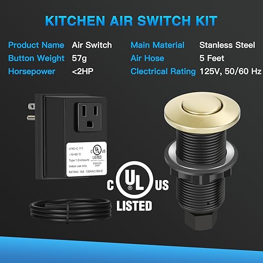Garbage Disposal Air Switch Kit, UL Certified Professional Garbage Disposal Switch Button Power Module, Sink Top Waste Disposer On/Off Switch