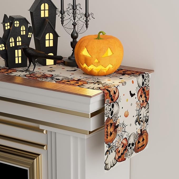 XCHI Spooky Skeleton Ghost Pumpkin Halloween Table Runner Party Table Decoration for Home Kitchen Dining Holiday Decor 13x60 Inch