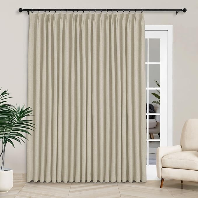 Macochico 100”Wx102”L 100% Blackout Pinch Pleated Linen Curtains for Sliding Door Bedroom Living Room Farmhouse Thermal Insulated Beige Burlap Drapes with Tieback 1 Panel Shabby Chic Style