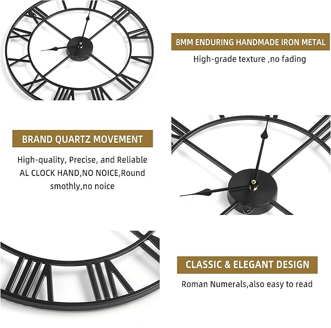 Large Wall Clock for Living Room Decor - 60cm/ 24 Inches Silent Non-Ticking Metal Wall Clocks Battery Operated, Vintage Decorative Modern Wall Clock for Bedroom, Office, Farmhouse Decor