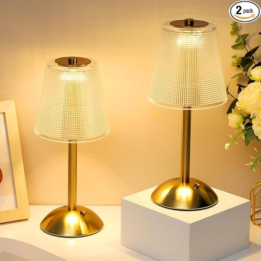Liliful 2 Pcs LED Portable Cordless Table Lamp Touch Battery Operated Rechargeable Desk Lamp 3 Color Dimmable for Bedroom Living Room Dining (Retro Style,Gold)