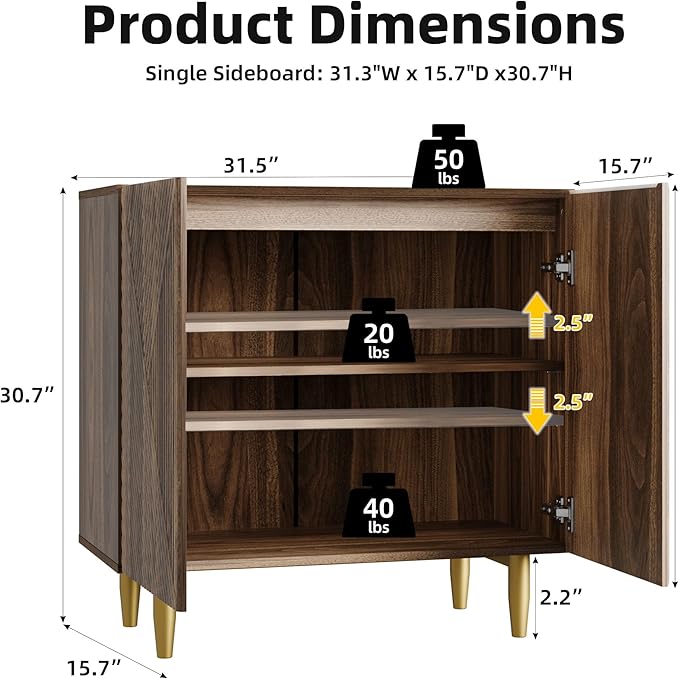 Set of 2 Fluted TV Stands with Storage, 65 Inch Accent Sideboard Large Console Table with Adjustable Shelves, Mid Century Modern TV Cabinets for Living Room, Dining Room, Walnut