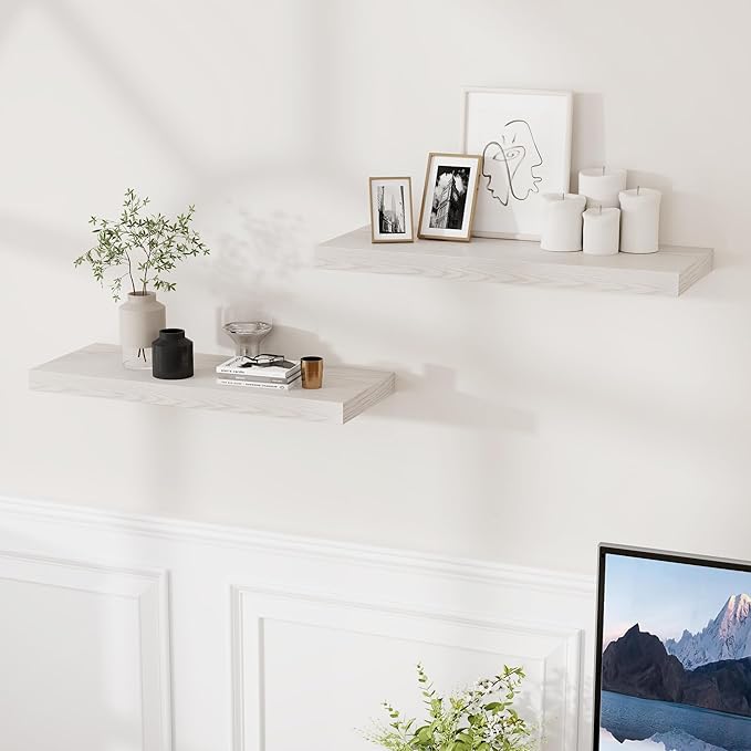 24 x 9 Floating Shelves, 9 Inch Deep Floating Shelf Wall Mounted, 24 Inch Bathroom Shelves Set of 2, Rustic Wood Wall Shelf for Bedroom, Living Room, Brich Color