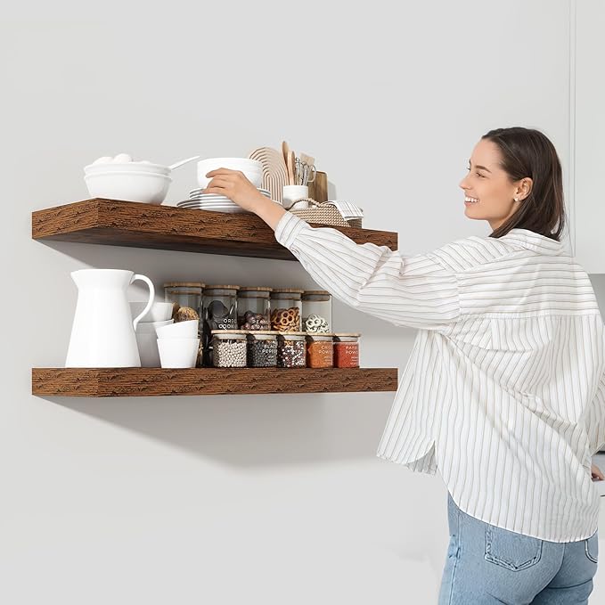 Heimlove 55 Inch Floating Shelves for Wall,10 Deep Large Rustic Brown Wall Shelf with Heavy Duty Brackets,Wall Mounted Storage & Display Shelves for Bedroom,Living Room,Kitchen,Office