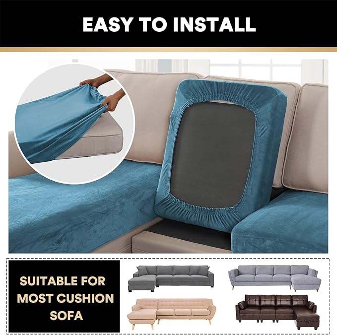 PrinceDeco Velvet Sectional Couch Covers, 4 Pieces, L Shape, Blue, 3 Seater + 1 Chaise
