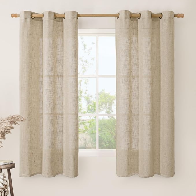 LAMIT Linen Curtains 63 inches Long for Bedroom, Bronze Grommet Linen Drapes Light Filtering Semi Sheer Curtains for Small Window/Farmhouse, 2 Panels (38 x 63 Inch, Brown)
